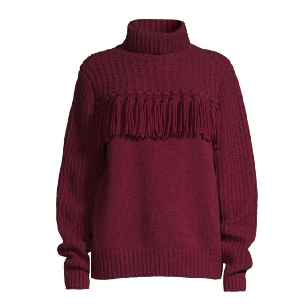 JASON WU Fringe Wool Turtleneck Sweater in Wine NWT Size Small